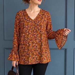 CAbi Burnished Floral Bell Sleeve V Neck Blouse Top Medium